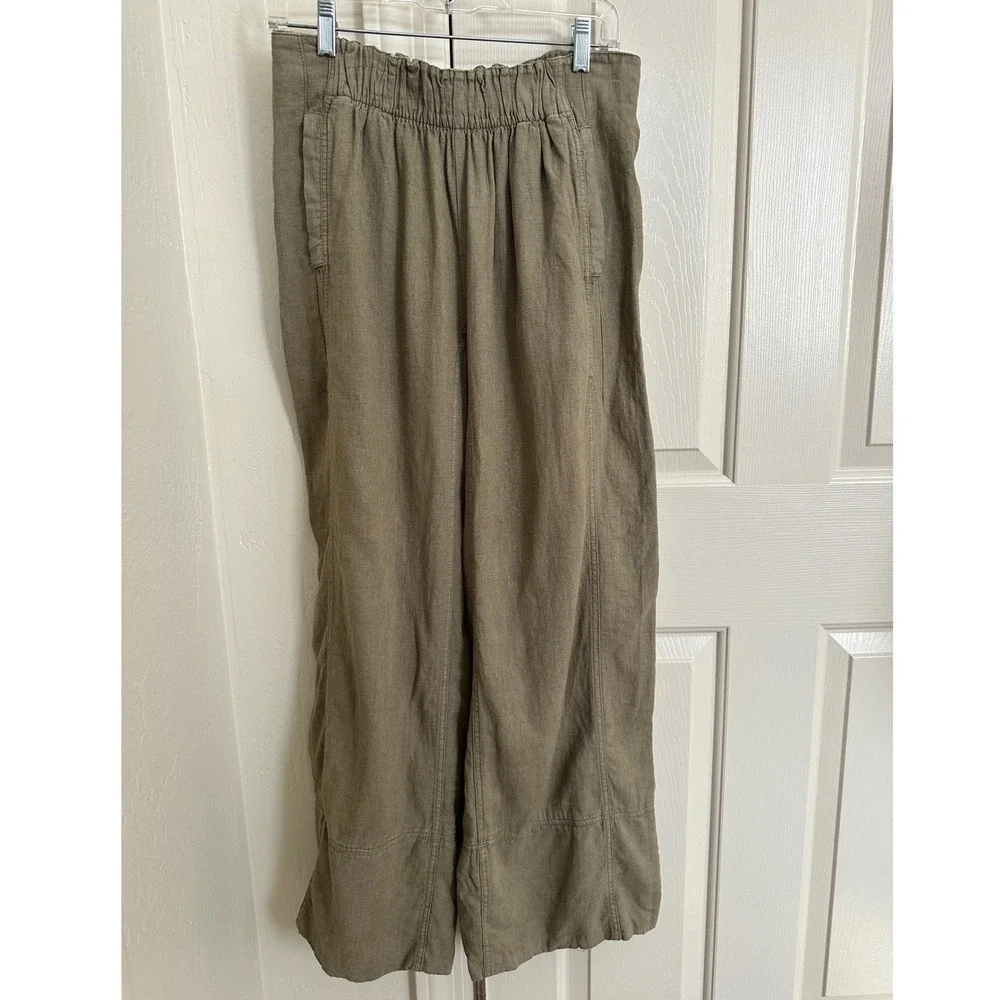 Free People Linen Blend Wide Leg Smocked Waist Pants XS Khaki